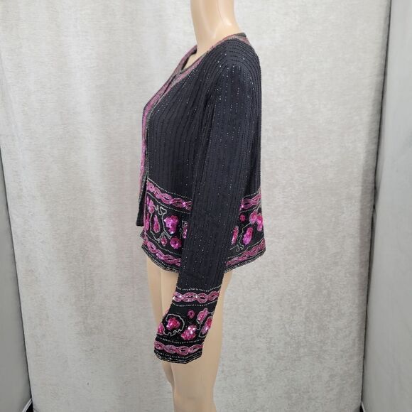 Papell Boutique Vintage Silk Fully Beaded Sequin Jacket Black Fuschia Women's XL - Picture 4 of 12